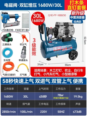 Dongcheng Silent Oil-Free Air: Air Compressor - copper-30l-dual-air-intake-with-solenoid-valve-f30-straight-nail-gun-dust-blowing-and-inflating-set