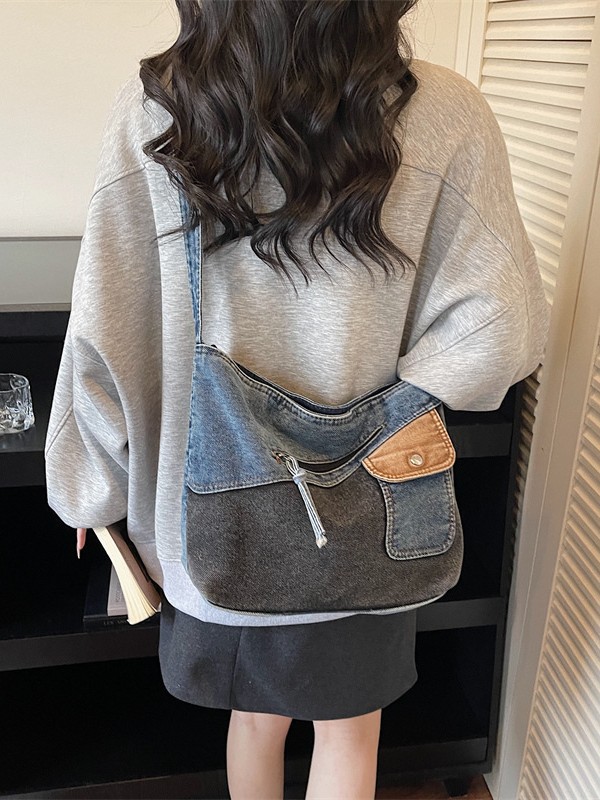 Bolso de denim de gran capacidad para mujeres 2026 retro color contrastante empalme mochila de hombro de viaje bolsa de ocio image 3