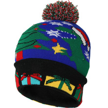 亚马逊秋冬款圣诞节LED彩灯针织帽 七彩灯圣诞老人毛球针织圣诞帽