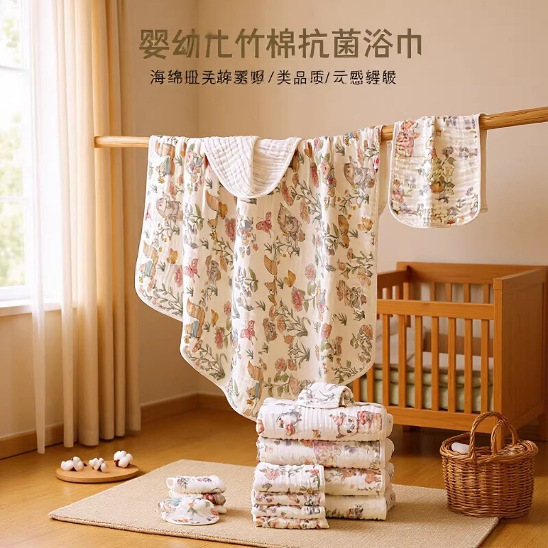 Bamboo Cotton Type a Gauze Bath Towel Seersucker 6-Layer Gauze Blanket Pure Cotton Large Square Towel Infant Baby Bath Towel All Year Round