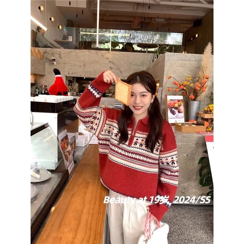 Christmas Retro Red Sweater for Women Autumn and Winter New Style Fair Isle Thickeneded Pullover Loose Lazy Style Knitted Top Christmas Retro Red Sweater for Women Autumn and Winter New Style Fair Isle Thickeneded Pullover Loose Lazy Style Knitted Top