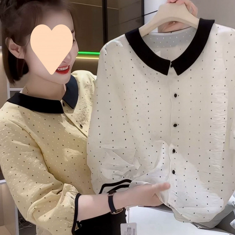 Корейский топ в горошек, омолаживающая рубашка 2025, большой размер, летний кукольный свободный утягивающий универсальный стильный дизайн топа