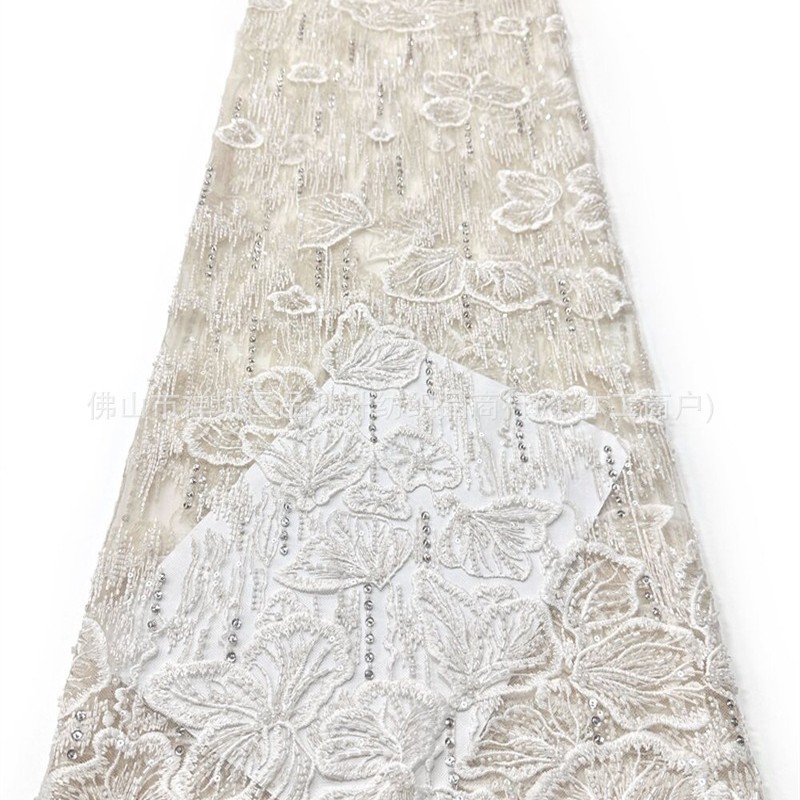 Fabricante nuevo fondo plano tubo de perlas bordado tela brillante vestido de boda vestido de cena tela de moda