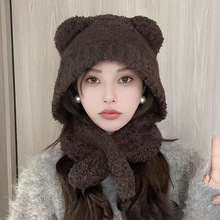 韩版可爱小熊保暖毛绒帽女冬季帽子围巾一体防寒护耳显脸小雷锋帽