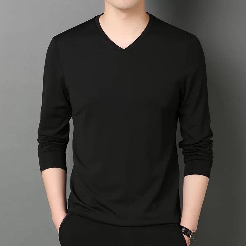 2025 Long-Sleeved T-Shirt Men's Spring and Autum Thin Slim Casual Autum Bottoming V-Neck T-Shirt with Inner Clothes