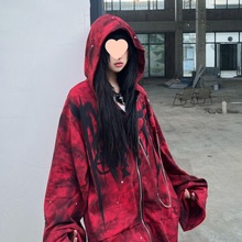 春秋亚文化朋克摇滚暗黑卫衣外套黑红连帽拉链帽衫重金属哥特开衫