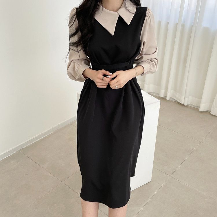 Korean-Style French Hepburn Dress with a Contrasting Color Lapel, Tie Waist, Faux Two-Piece Long-Sleeve Formal Interview Dress for Women Korean-Style French Hepburn Dress with a Contrasting Color Lapel, Tie Waist, Faux Two-Piece Long-Sleeve Formal Interview Dress for Women