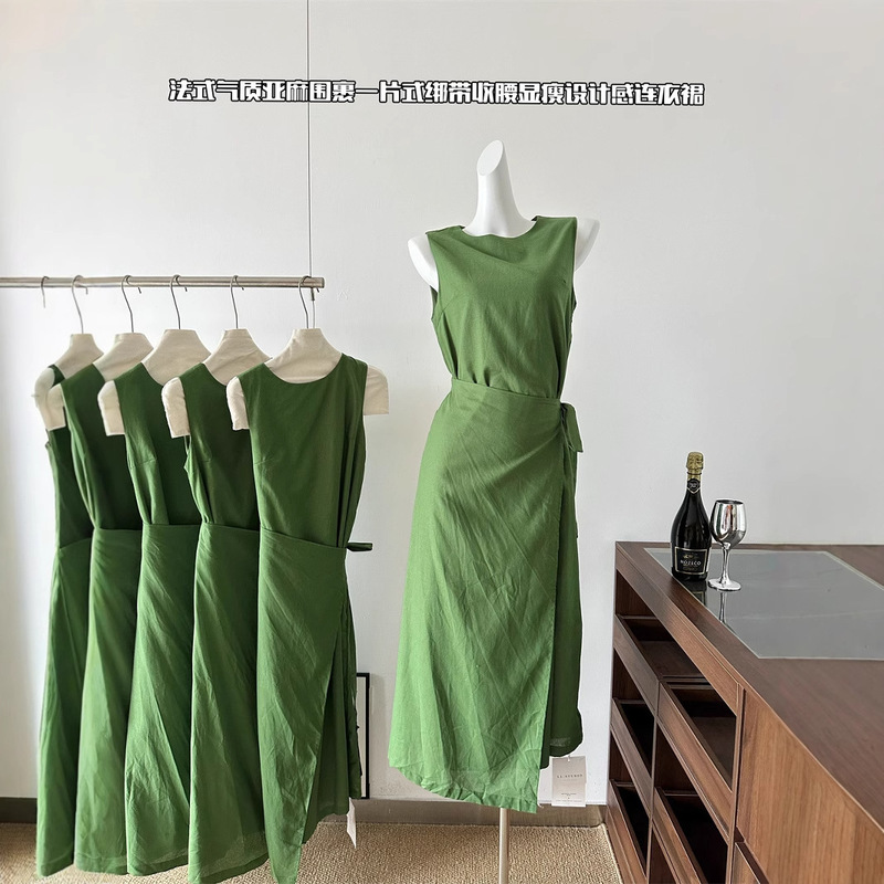 『Xin Xing』French-Style Elegant Green One-Piece Tie Waist Versatile Slimming Design Sleeveless Long Dress