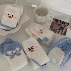 5 pairs of cute animal duck coral plush socks for girls, Instagram style, winter home sleep socks, thick and warm, fluffy socks