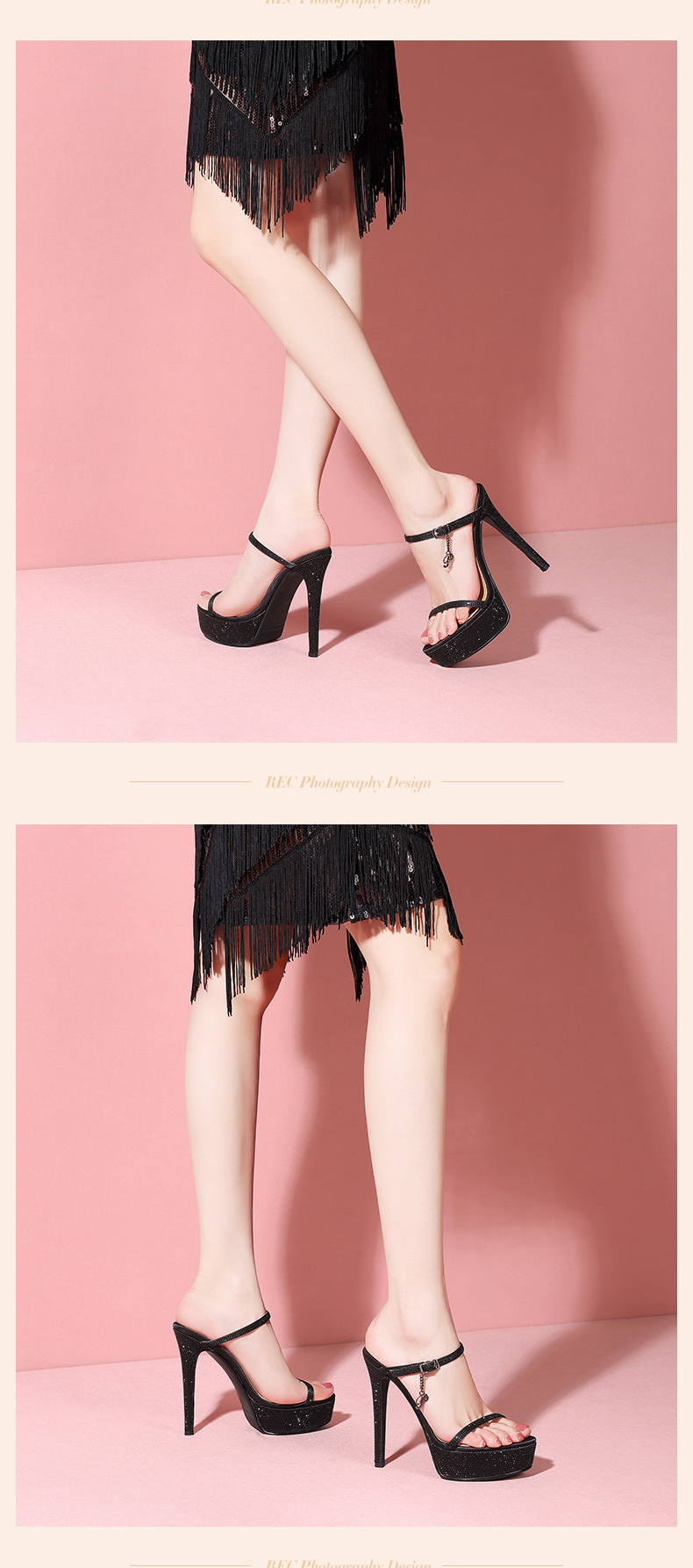 Sandal cao gót nữ hở mũi da thật đế platform đính đá gót 13 cm — Màu rượu sâm banh (13cm) chi tiết 9