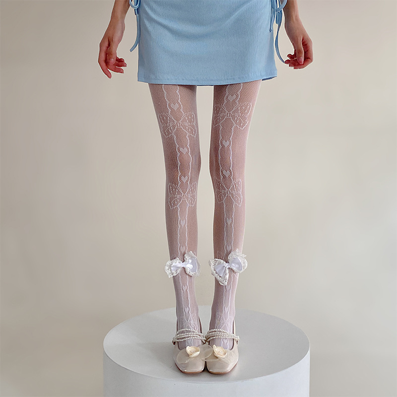 Medias blancas puras desean arco amor hueco primavera y verano delgada pantalones Lolitajk sexy Jacquard