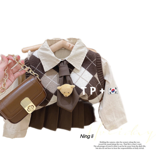 Children's Autumn Korean Style Suit 2024 New Boys and Girls College Style Shirts and Vests Baby Spring and Autumn Three-piece Trendy Set