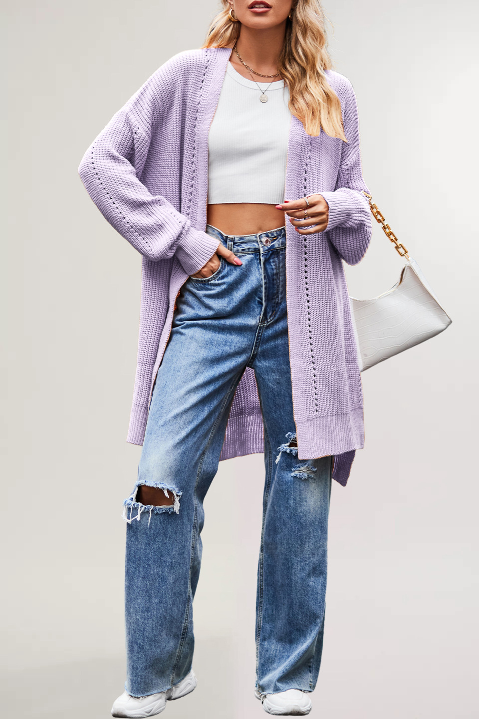Suéter de punto holgado de color liso con bolsillos para mujer, estilo europeo y americano, novedad de invierno y otoño 2026, ideal para Amazon.