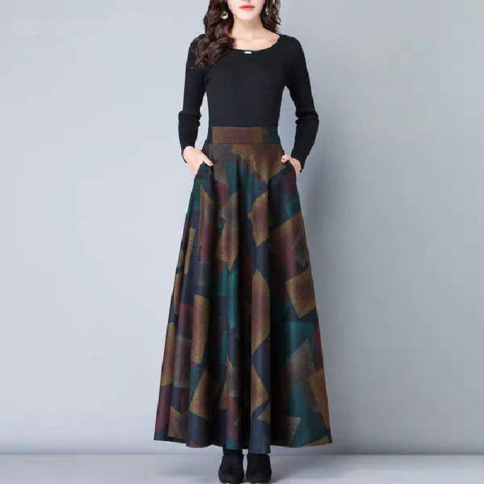 Woolen Plaid Skirt A-Line Skirt Large Hem Long Skirt Mid-Length Skirt Women's Autumn and Winter New Plus Size Women's Clothing