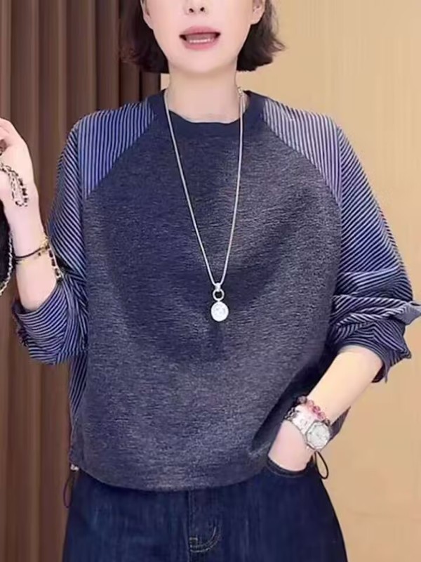 韩系高级感条纹拼接卫衣女秋2025新款宽松薄款别致独特超好看上衣|undefined