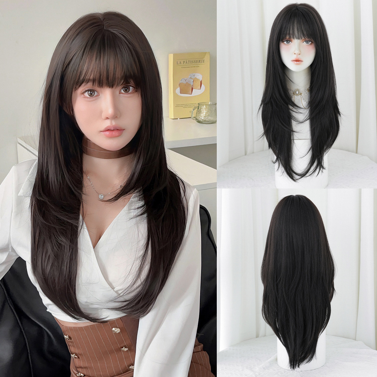 Peruca de moda femenina cara redonda capa de cabello recto super largo cabello negro completo peluca de alta calidad fibra química cubierta de cabeza