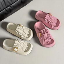 欧洲站女鞋26夏季时尚流苏软牛反绒皮圆头休闲款一字带厚平底拖鞋