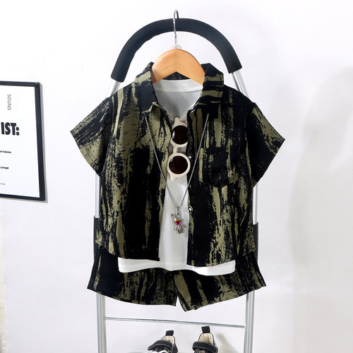 Children's Summer Ink Wash Open Jacket Set, Boys Short Sleeve Set Quick Dry Clothing Trendy Boys' Clothes One-Time Shipping