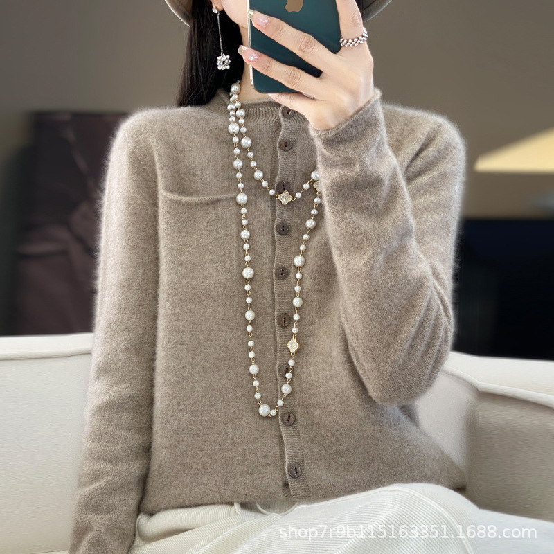 First-line garment curling pocket cardigan stand collar pure wool knitted multi-button top fashion bottoming cashmere sweater for women First-line garment curling pocket cardigan stand collar pure wool knitted multi-button top fashion bottoming cashmere sweater for women