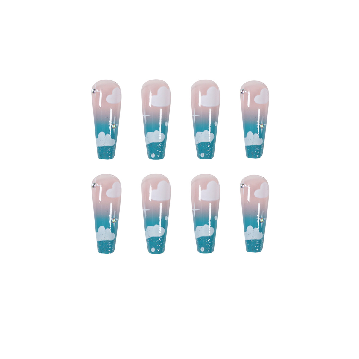 Sky Blue Clouds Gradient Rhinestones Wear Nail Art Finished Fake Nail Nail Art Patch Nail Patch Removable Foreign Trade