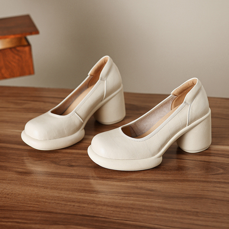 Giày cao gót nữ đế dày platform miệng nông gót vuông 8 cm — nâu chi tiết 18