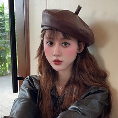 韩版pu皮质贝雷帽子女韩版复古英伦反戴前进帽秋冬季南瓜帽画家帽