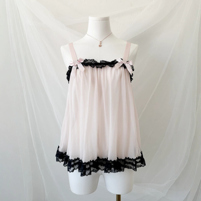Summer New Style French Gentle Style Black and Pink Spliced Lace Suspenders Double-Layered Flowing Mesh Loose Top for Women