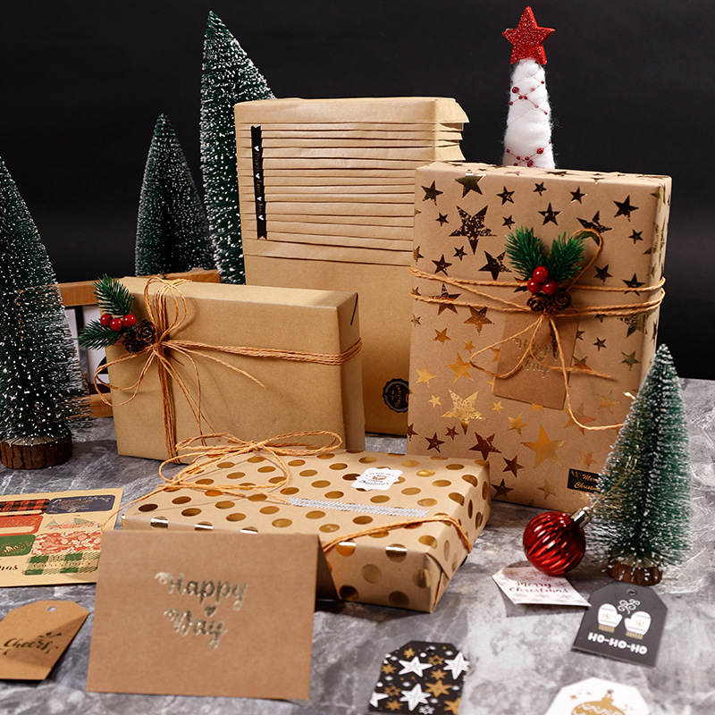 Amazon venta caliente papel de regalo de gran tamaño papel de embalaje de regalo de Navidad papel de embalaje de piel de vaca estampado papel de punto de estrella