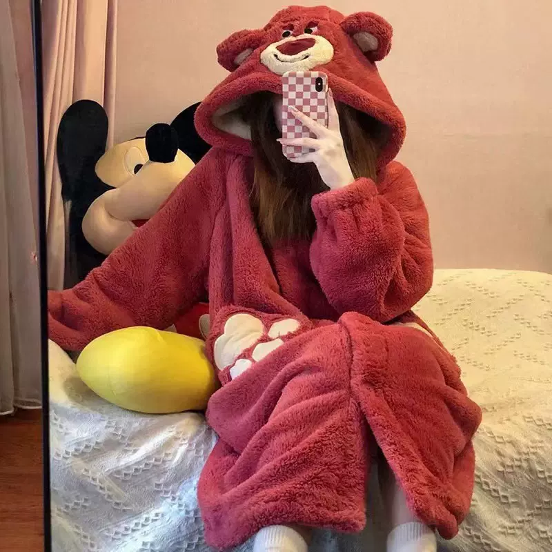 草莓熊睡衣女秋冬季珊瑚绒加绒加厚睡袍2025年新款长款家居服套装