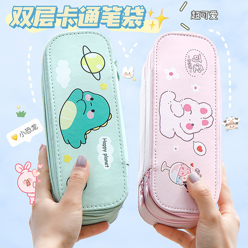 ins high-looking double-layer pencil case creative large-capacity student cartoon pencil case cute multi-functional stationery box wholesale