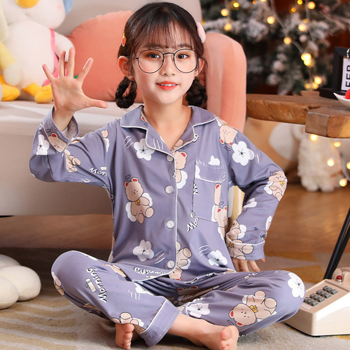 Children's pajamas for girls in Southeast Asia, spring and autumn, imitation cotton cardigans with long sleeves and cartoon prints, sweet home clothes for small and medium children