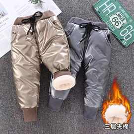 黁白女童亮皮棉裤外穿冬装1-6岁宝宝一条过冬加厚3儿童三层加绒夹