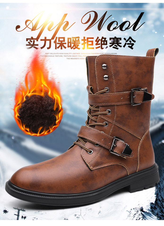 Bốt Martin nam cổ cao da bò hai lớp, mũi tròn, đế cao su chống trượt, gót thấp 1–3 cm — Màu nâu lót bông, Màu nâu lót da, Màu đen lót bông, Màu đen lót da chi tiết 2