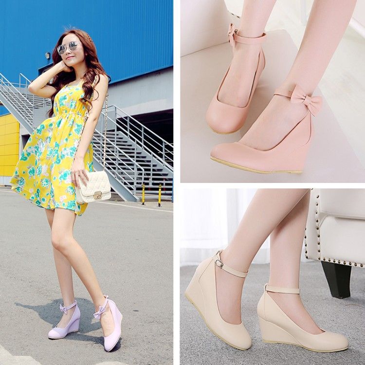 [-码]坡跟单鞋女蝴蝶结高跟女士皮鞋浅口新品四季新品鞋粉色羊毛