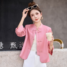 新中式国风外套女PU皮上衣2025秋新款休闲短款粉色女式皮衣WA2520