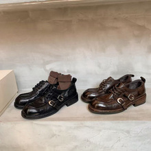 牛皮版~美式复古德训鞋女2025新款春英伦风圆头双扣带系带小皮鞋