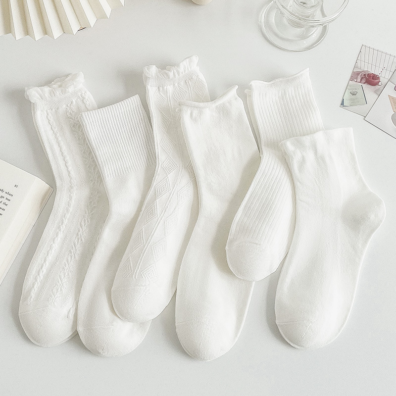 Zhuji Women's Summer Wholesale Thin Pure White Cotton JK Socks with Lace and Bubbles at the Mouth, Crew Socks Lolita