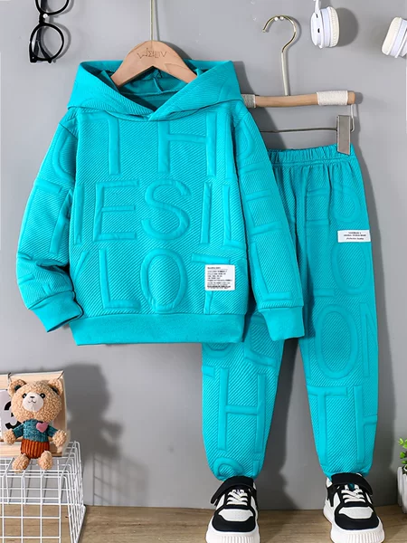 Boys Letter Bump Print Hoodie and Jogger Pants Set, Autumn Winter Kids Clothes