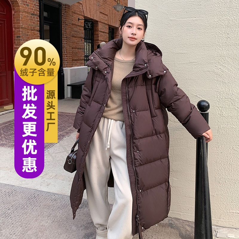 Jiaxing Pinghu 90 White Duck down 2025 Winter New Korean Style Long Over-The-Knee down Jacket for Women Thickeneded Hooded Trendy
