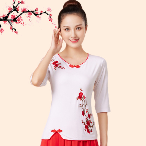 9206 Plum Blossom Embroidered Top Modal Square Dance Costume Short Sleeve Middle-Aged Dance Wear Dancing Clothes