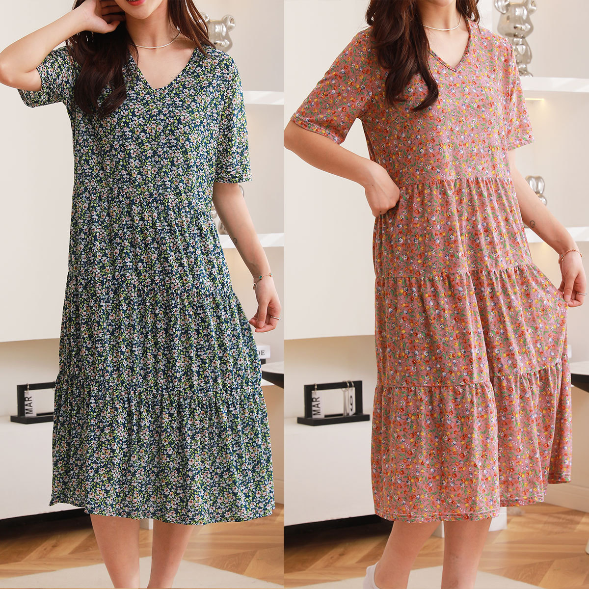 韩版碎花睡裙可外穿连衣裙女夏季薄款中长款蛋糕裙子显瘦家居休闲