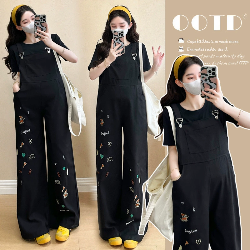 Дизайнерские джинсы для беременных, прямые брюки, модный костюм для беременных с американской вышивкой граффити, топ, футболка + комбинезон