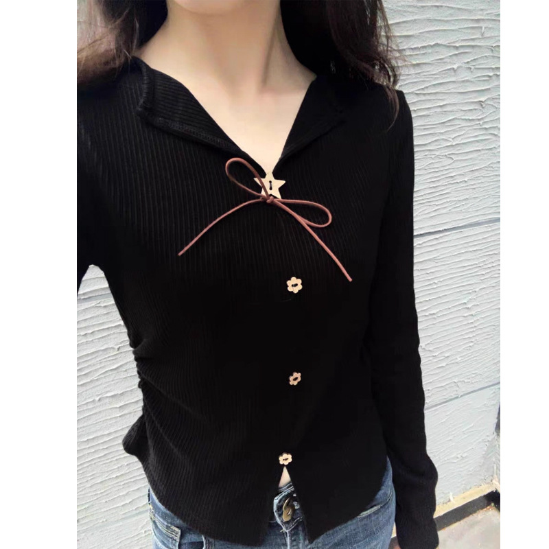 定制秋季 黑色蝴蝶结针织长袖t恤女秋季新款韩系小众短款修身上衣