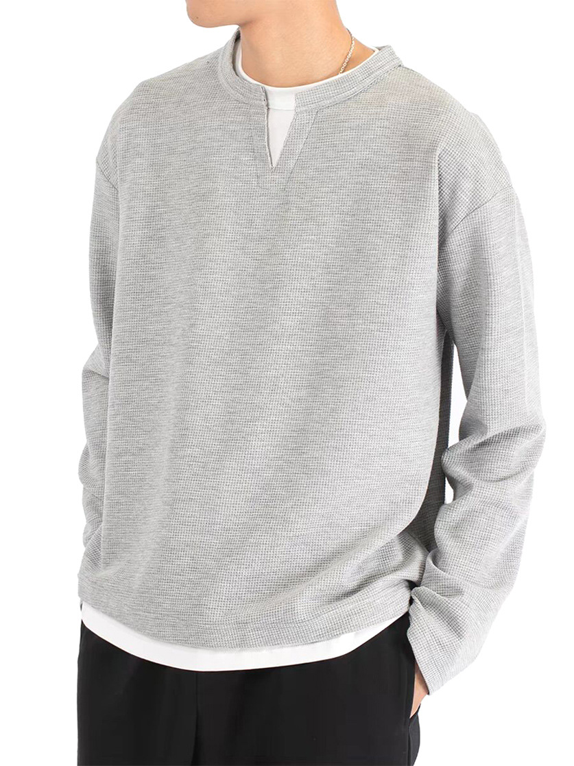 Men's Waffle Knit Henley Long Sleeve T-shirt Casual Pullover_voghion.com