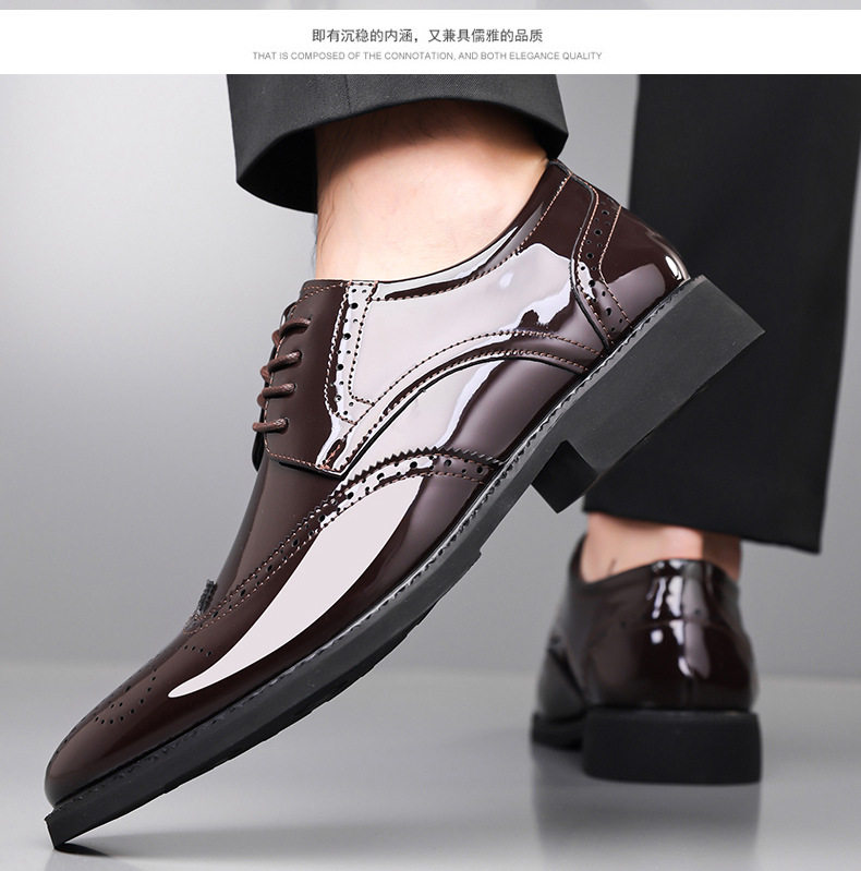 Giày tây nam da bóng kiểu Brogue khắc họa tiết mũi nhọn buộc dây — giày màu nâu, giày đen chi tiết 14