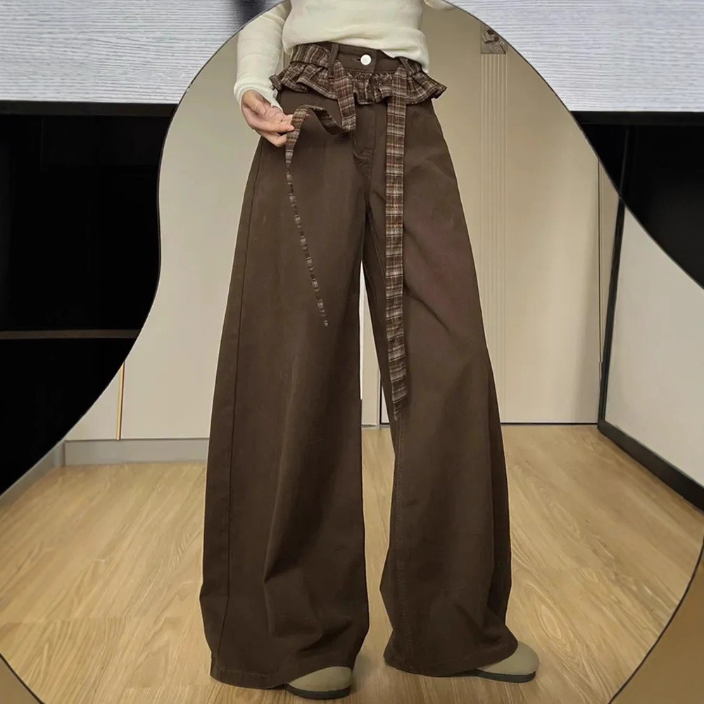 【韩牛】2025秋新款美拉德复古牛仔裤女韩系设计感拼接格纹直筒裤