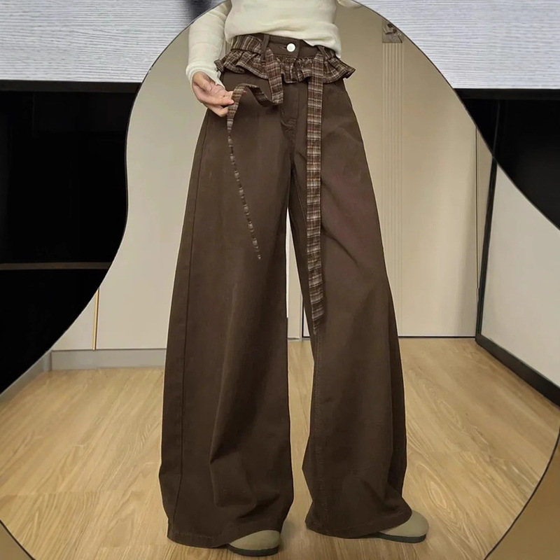 [Korean Cow] 2025 New Autumn Maillard Retro Jeans for Women Korean Design Splicing Plaid Straight Pants