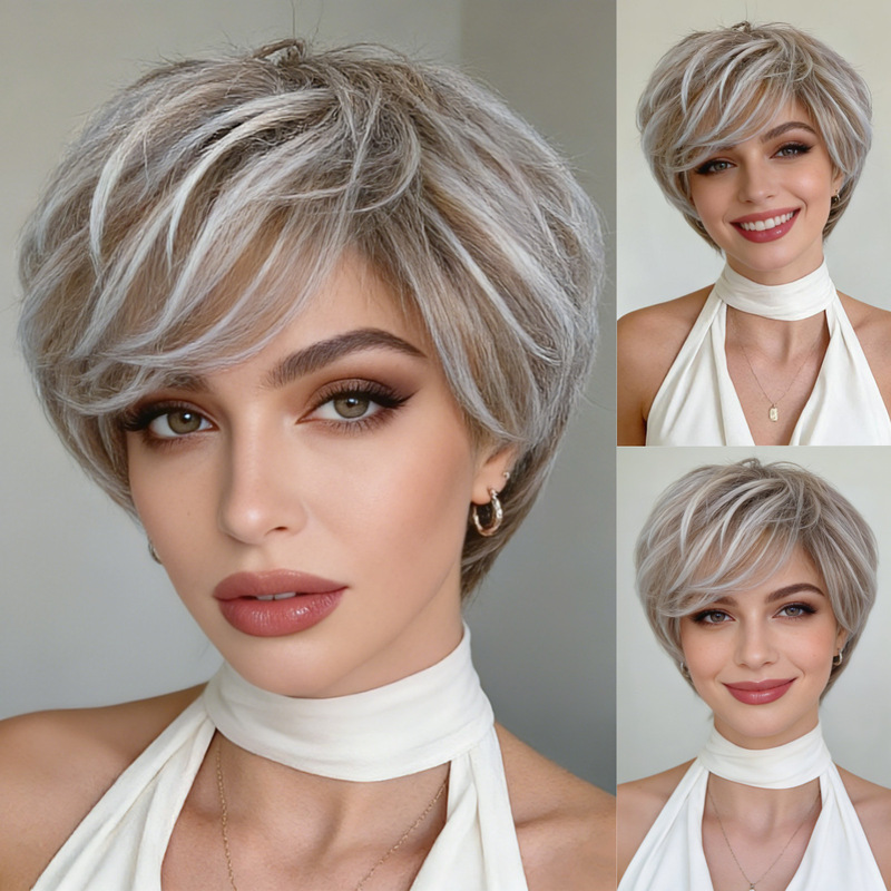 Amazon New European and American Wig Women's Short Hair Fluffy Curly Hair Texture Roll Chemical Fiber High Temperature Silk Full Top Full Head Cover