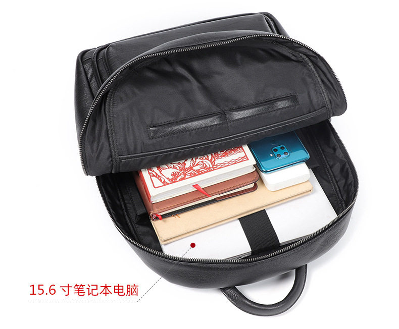 Ba lô da bò lớp đầu cho nam, kiểu dáng tối giản, đa chức năng, ngăn laptop 15 inch — Màu đen chi tiết 14