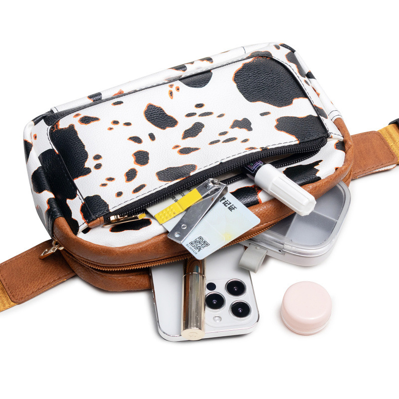 Bolsos de cinturón de impresión de vaca en stock, bolsas de cinturón de mujer en todas partes, bolsas de cinturón de cinturón, cinturón ajustable